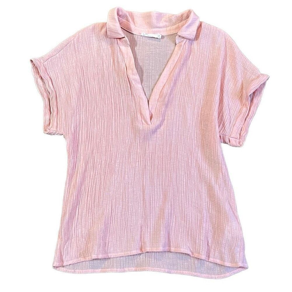 Lush Pink V-neck Collared Short Sleeve Blouse Medium